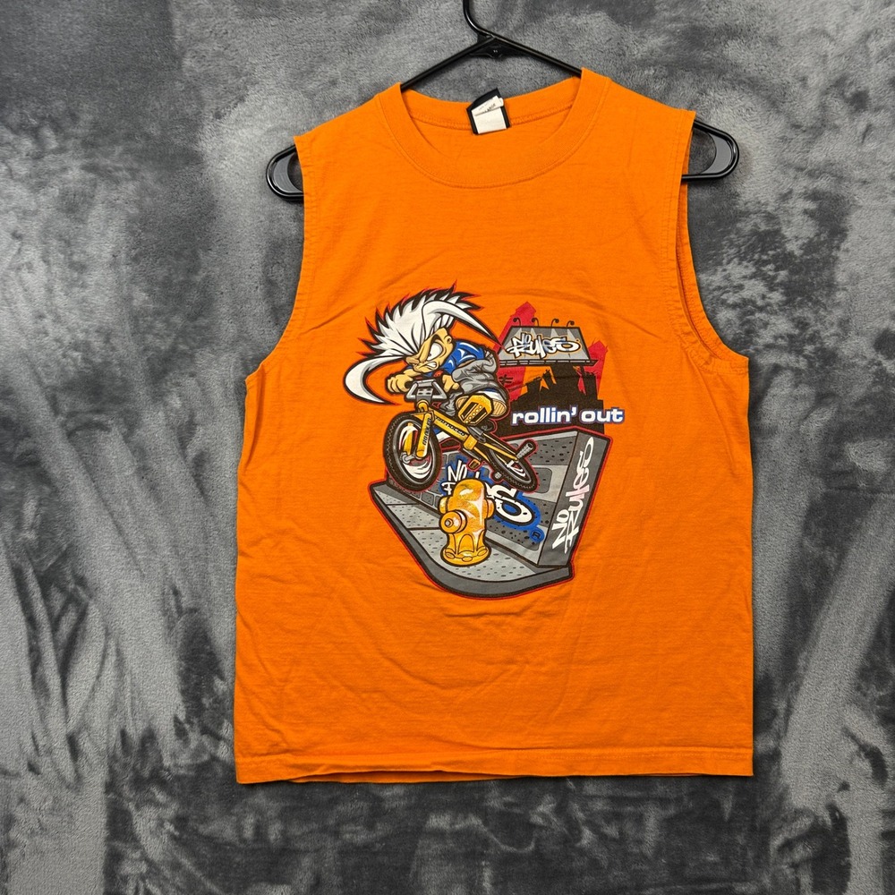 No Rules Muscle Tee Mens XL Orange Rollin Out BMX Skate Vintage Y2K Graphic